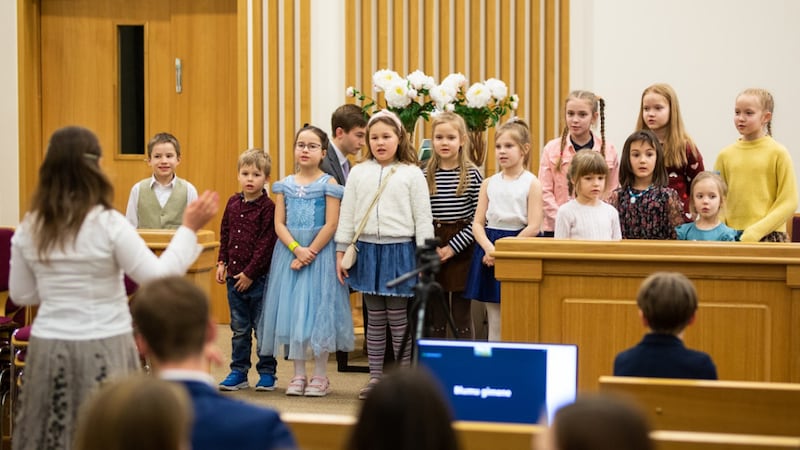A Primary children’s choir sings at Riga Chapel in Riga, Latvia, on March 7, 2023.