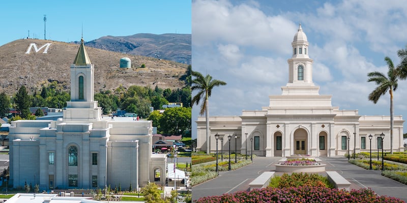 This combination image shows the Montpelier Idaho Temple, left, as seen on Monday, Sept. 8, 2026; and the exterior of the Managua Nicaragua Temple, right.