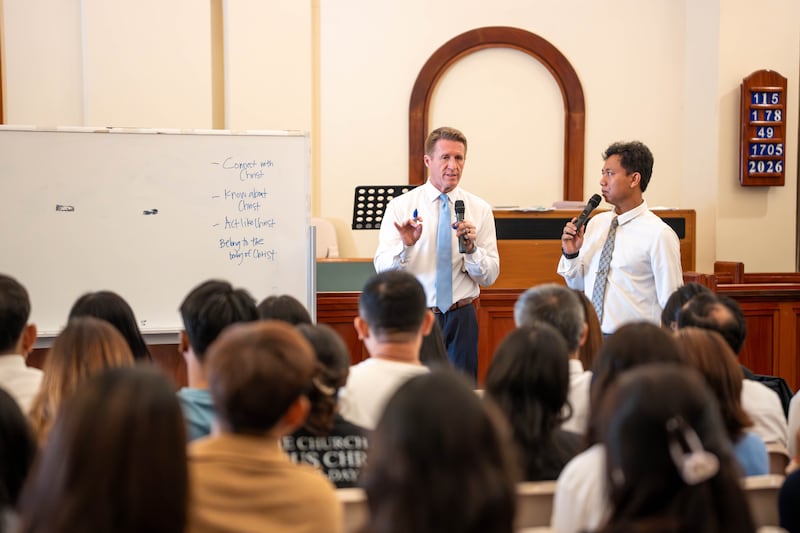 Young Men General President Timothy L. Farnes gives instruction to youth and leaders in Cambodia during a ministry assignment from May 22-25, 2026.