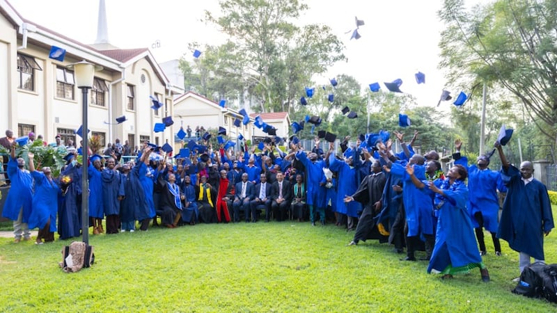 Graduates throw their caps in the air in celebration following the BYU Pathway Completion Ceremony in Nairobi, Kenya. April 25, 2026.