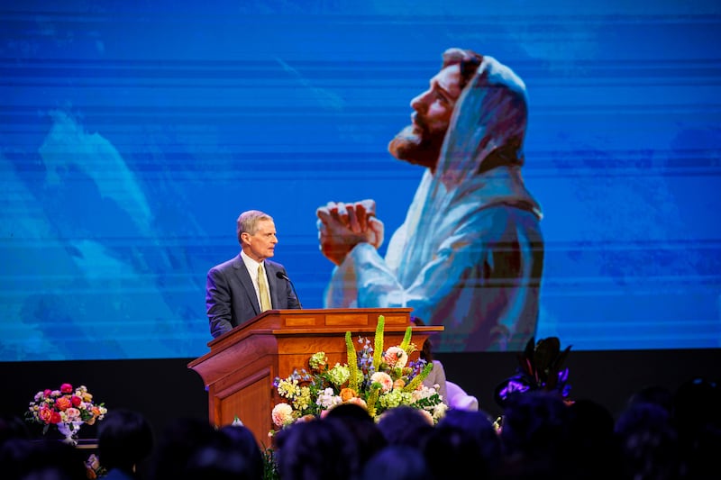 Elder David A Bednar of the Quorum of the Twelve Apostles speaks in the Marriott Center in Provo, Utah, for BYU Women’s Conference on May 1, 2026.