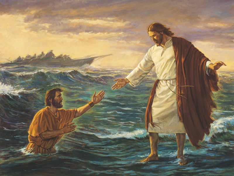 In painting by artist Robert T. Barrett, Christ, walking on the water, reaches out to rescue Peter a