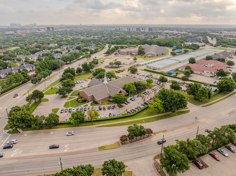 Dozens of classic cars parked at a meeting place in Plano, Texas, were photographed by drone on Saturday morning, February 7, 2026. "car and christ" Events for the community.