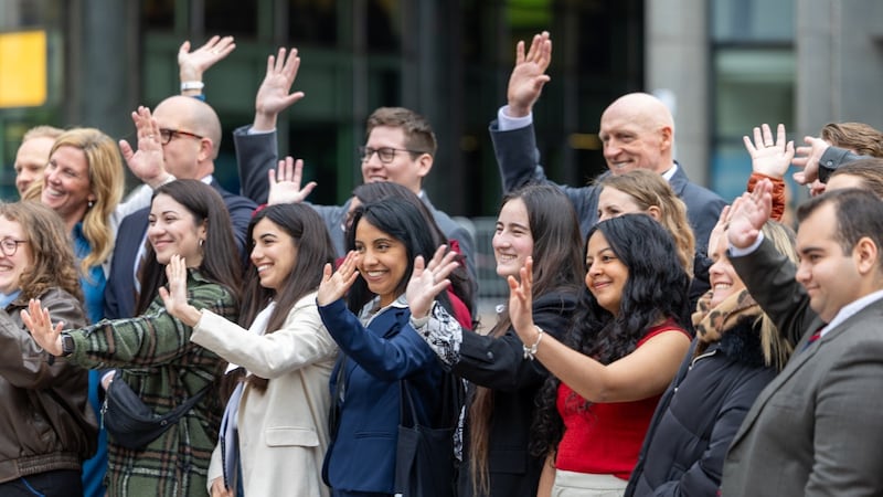 Brussels Nexus Conference participants gather in front of the European Parliament building in Brussels, Belgium, ahead of their visit on May 13, 2026.