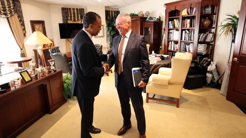 Elder Ulisses Soares of the Quorum of the Twelve Apostles, right, meets with Rev. A. R. Bernard, founder and CEO of the Christian Cultural Center, at Bernard's office in Brooklyn, New York, on Friday, Aug. 21, 2026.