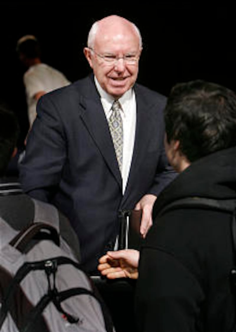 Elder Spencer J. Condie of the Seventy talks with BYU student Wes Guenther, Elder Condie spoke at a