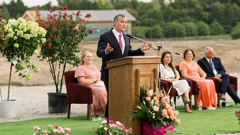 Elder Pedro X. Larreal, a General Authority Seventy and member of the Church’s United States Southwest Area presidency, speaks during the groundbreaking ceremony for the Tulsa Oklahoma Temple on Saturday, Aug. 22, 2026, in Tulsa, Oklahoma.