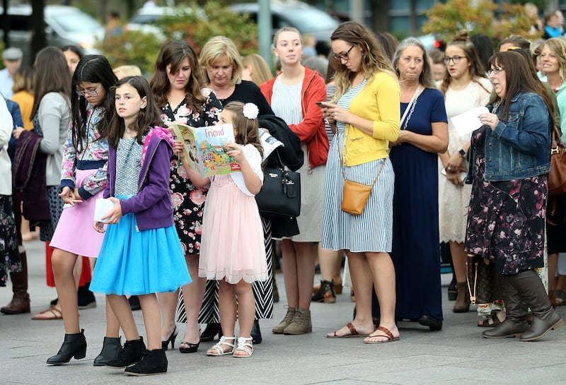 Women and girls line up to enter the general women’s session of the 188th Semiannual General Conference of The Church of Jesus Christ of Latter-day Saints held in the Conference Center in downtown Salt Lake City on Saturday, Oct. 6, 2018.