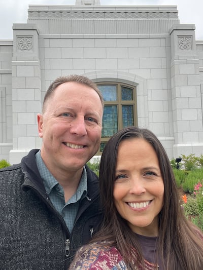 Nathan and Satina Tolman of the Sweet Home Ward, Lebanon Oregon Stake, stand in front of the Willamette Valley Oregon Temple on May 7, 2026.