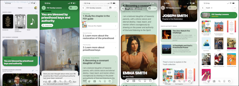 Screenshots stacked together show the FSY Sunday Lessons card in the home screen of the Gospel Library app and then what those lessons look like in the app, in addition to the supplemental materials from the youth magazine starting in September 2026.