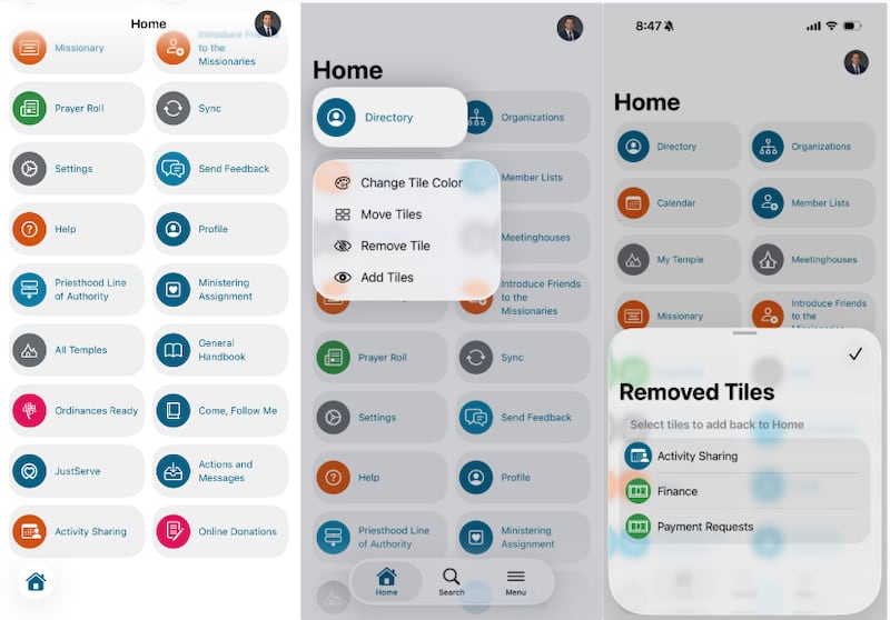 Latter-day Saints can access Activity Sharing in the Member Tools App in the lower left-hand corner. If Activity Sharing is enabled in an area but the tile isn’t visible on a member account home screen, long-press any tiles and select “Add Tiles” from the menu that appears.