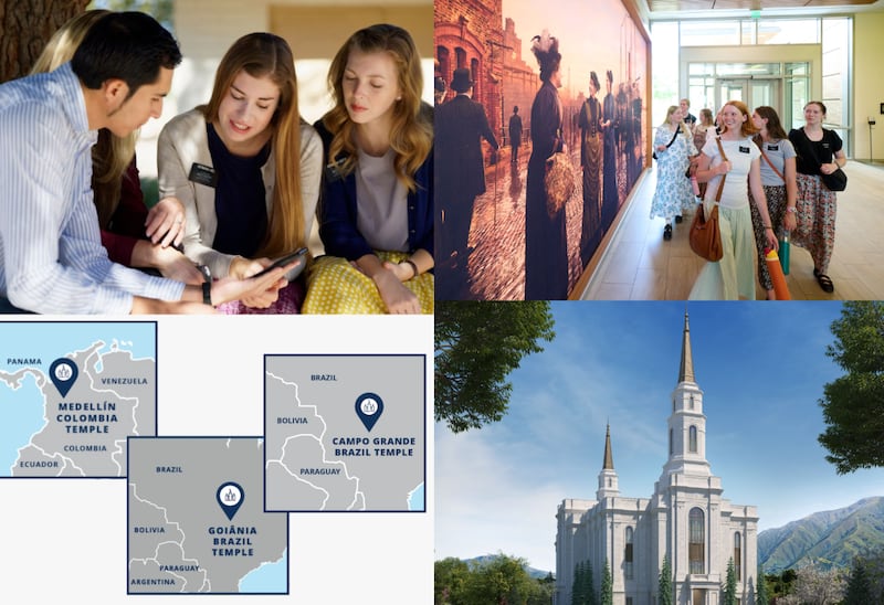 Clockwise from top left: Young sister missionaries teach a couple in Tempe, Arizona, in 2025; Sister missionaries walk by a new mural depicting the first two single-sister missionaries of this dispensation teaching in 1898 in England, at the Provo Missionary Training Center in Provo, Utah, June 19, 2026; An architectural rendering of the Spanish Fork Utah Temple; Maps showing the location of the Medellín Colombia Temple, Goiânia Brazil Temple and Campo Grande Brazil Temple in relation to their countries.