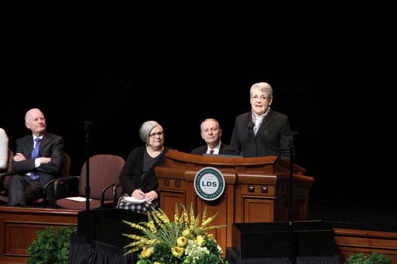 Sister Sue Clark speaks during her LDS Business College devotional address in the Conference Center Theater on Feb. 19, 2019.