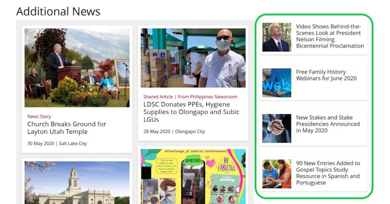 When viewing Newsroom’s website on a desktop computer, the right column of the page features Church news of special interest to Latter-day Saints.