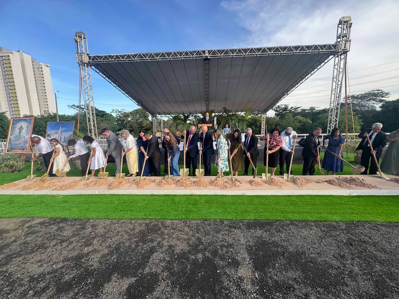 Elder Ciro Schmeil — a General Authority Seventy and first counselor in the Brazil Area presidency — and his wife, Sister Alessandra Schmeil, center, join other local members and leaders to break ground for the Teresina Brazil Temple on Saturday, April 18, 2026, in Teresina, Brazil.
