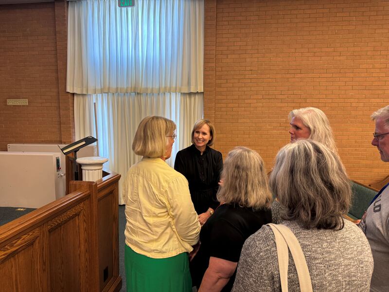 Sister Amy A. Wright, first counselor in the Primary general presidency, visits with a group of women following a devotional in Nauvoo, Illinois, on Sept. 18, 2025.