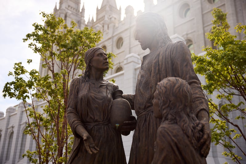 The statue Jesus Christ With Mary and Martha stands on Temple Square in Salt Lake City on Tuesday, Sept. 15, 2026.