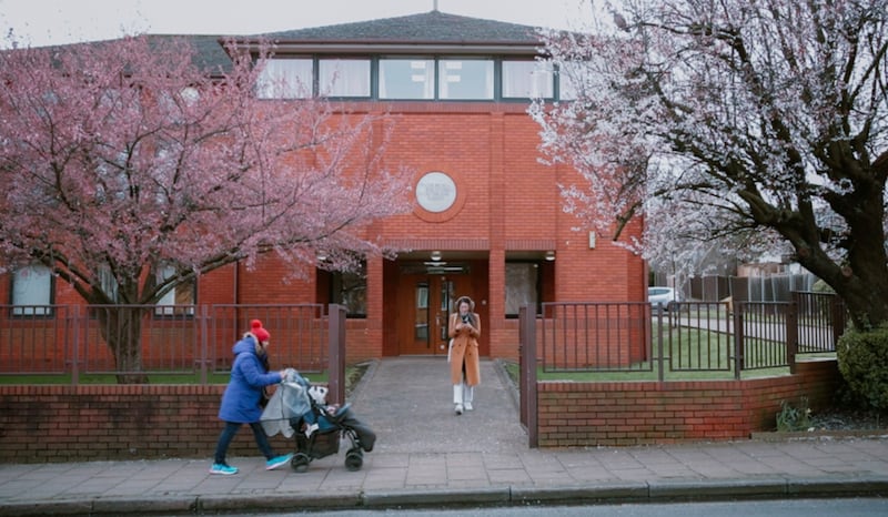 Community members come in and out of the Wembley meetinghouse in February 2024.