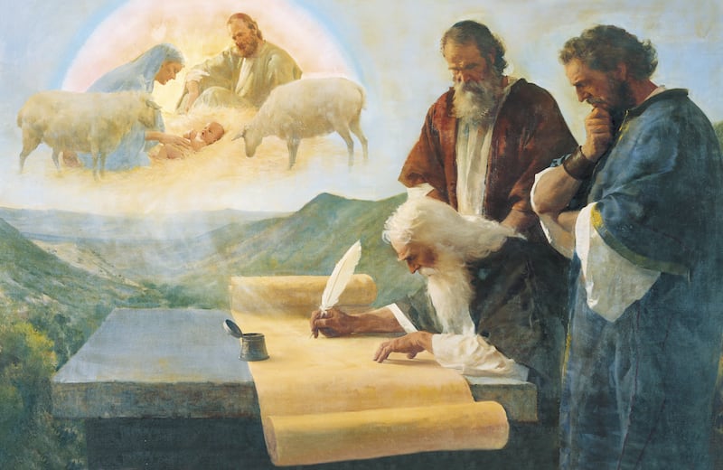 “Isaiah Writes of Christ’s Birth (The Prophet Isaiah Foretells Christ’s Birth)” is painting by artist Harry Anderson.