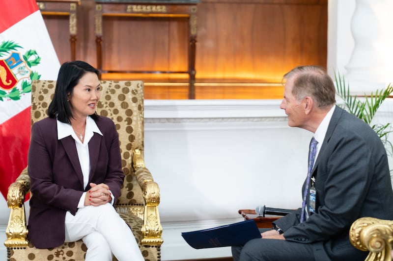 Elder Gary E. Stevenson of the Quorum of the Twelve Apostles of The Church of Jesus Christ of Latter-day Saints speaks with Peru President Keiko Fujimori Higuchi, as part of a ministry in the South American country on Thursday, Aug. 27, 2026, at the Government Palace in Lima, Peru.