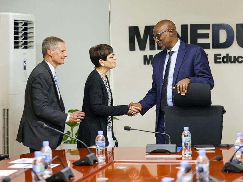 Elder David A. Bednar of the Quorum of the Twelve Apostles, left, and his wife, Sister Susan Bednar, center, meet Joseph Nsengimana, Minister of Education in Rwanda, right, on March 17, 2026.