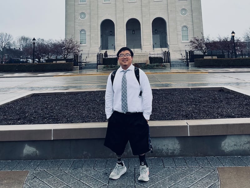 Elder Emmett Oakley stands in front of the Nauvoo Illinois Temple. He will complete his service mission for The Church of Jesus Christ of Latter-day Saints in January 2026.