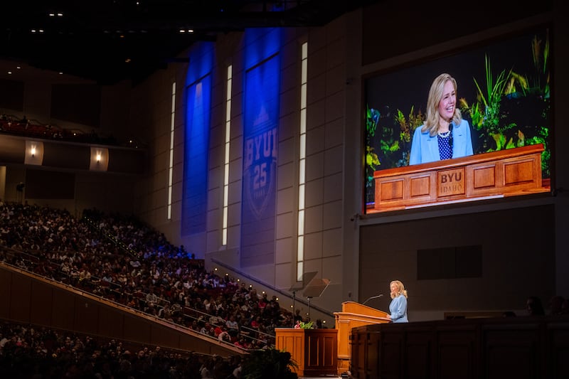Sister Jennifer E. Meredith speaks to BYU–Idaho students during the first campus devotional of the semester, Jan. 13, 2026, in Rexburg, Idaho.