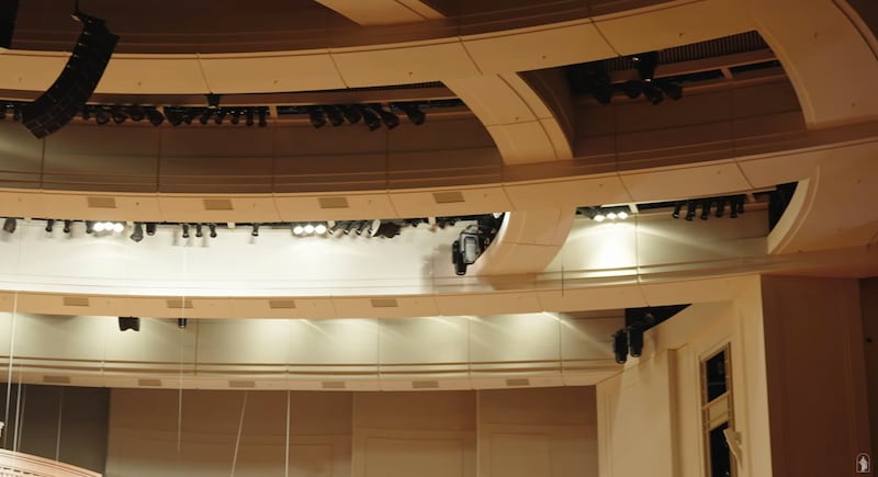 Lighting engineers test the lighting in the Conference Center in Salt Lake City, Utah, before general conference.