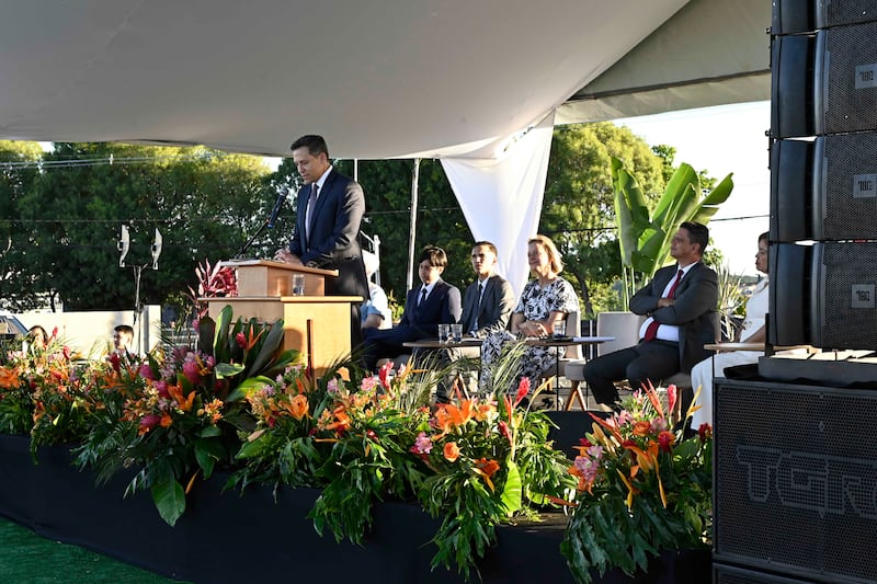 Elder B. Corey Cuvelier, a General Authority Seventy and of the Brazil Area presidency, speaks during the groundbreaking ceremony for the Maceió Brazil Temple in Maceió, Brazil, on Oct. 10, 2026.