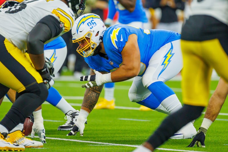 Defensive lineman Breiden Fehoko (96) lines up as the Los Angeles Chargers play the Pittsburgh Steelers.