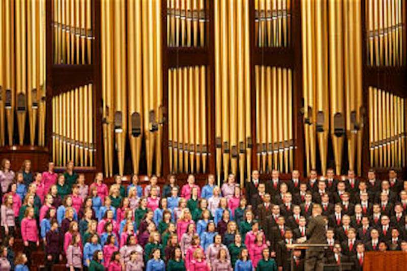 The Orem Institute of Religion Combined Choir performs during the Saturday afternoon session of the