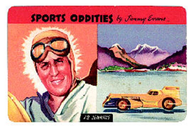 A trading card that was included in cereal boxes in the 1950s celebrates Ab Jenkins' speed exploits.
