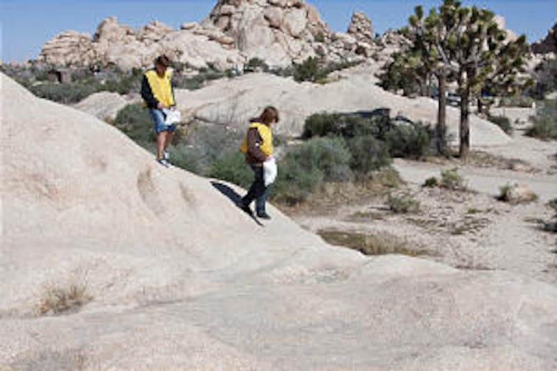 Teancum Woolsey, left, and Alan Fraughton from the Yucca Valley California Stake scour the large roc