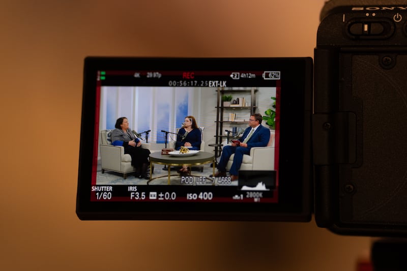 A view through the camera of three Church News podcast hosts during filming the episode released Tuesday, June 23, 2026.