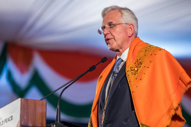 Elder D. Todd Christofferson, a member of the Quorum of Twelve Apostles of The Church of Jesus Christ of Latter-day Saints, speaks after receiving the 2017 Philosopher Saint Shri Dnyaneshwara World Peace Prize during an award ceremony at the MIT World Peace University in Pune, Maharashtra, India on August 14, 2017.