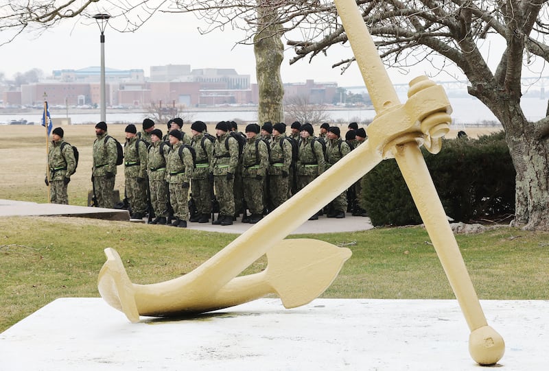 U.S. Naval officer candidates prepare to march at Naval Station Newport in Newport, Rhode Island, on Friday, Feb. 2, 2024.