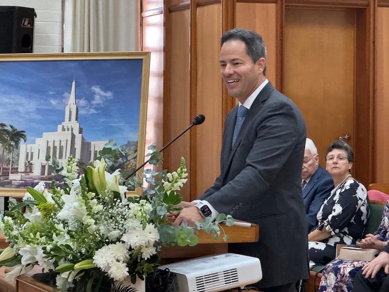 Elder Ronald M. Barcellos, a General Authority Seventy and counselor in the Brazil Area presidency, speaks at the groundbreaking ceremony for the Santos Brazil Temple on Saturday, Aug. 1, 2026, in Santos, Brazil.