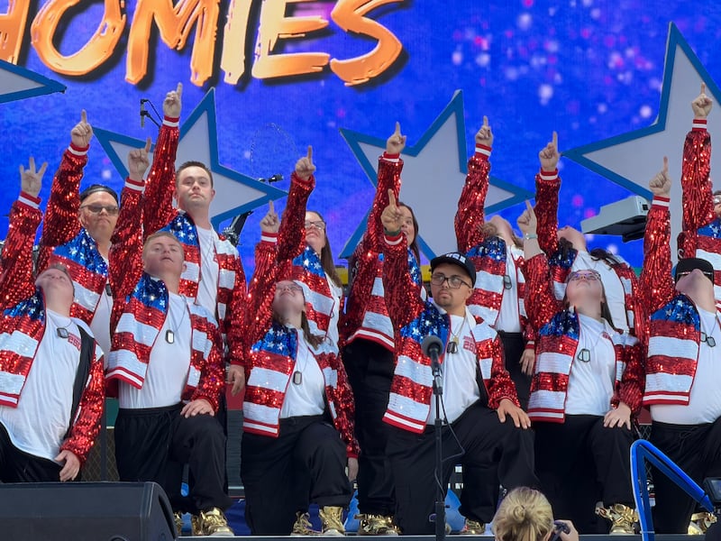 The Hip Hop Homies with Xtra Chromies pose while on stage during their performance at the Stadium of Fire in Provo, Utah, on July 4, 2026.