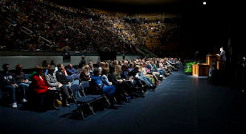 Elder Donald L. Hallstrom of the Presidency of the Seventy speaks to BYU students during a campus de