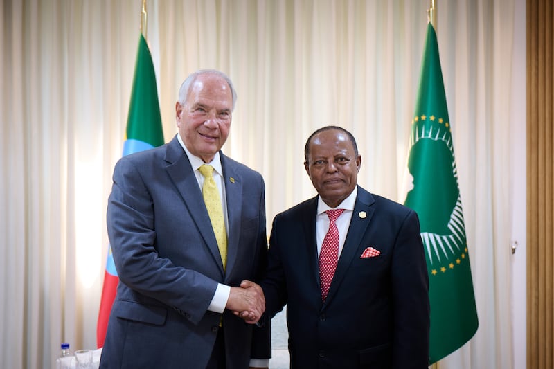 Elder Ronald A. Rasband shakes hands with Ethiopia President Taye Atske Selassie in Addis Ababa, Ethiopia, Oct. 30, 2025.