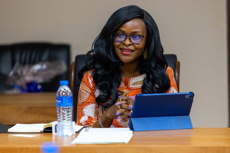 Haja Ramatulai Wurie, minister of technical and higher education in Sierra Leone, speaks during a meeting with Elder Clark G. Gilbert of the Quorum of the Twelve Apostles in Freetown, Sierra Leone, on Wednesday, Aug. 26, 2026.