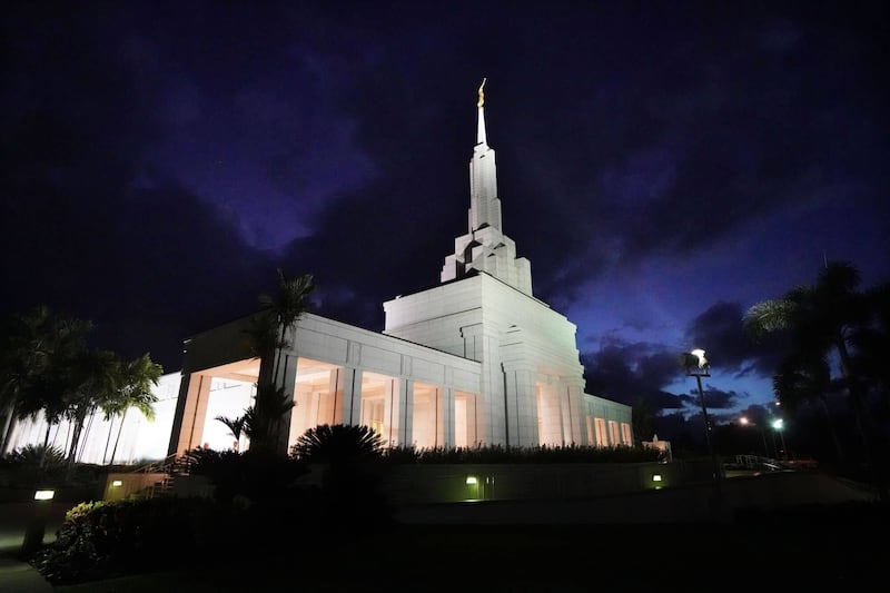 The Apia Samoa Temple at night.