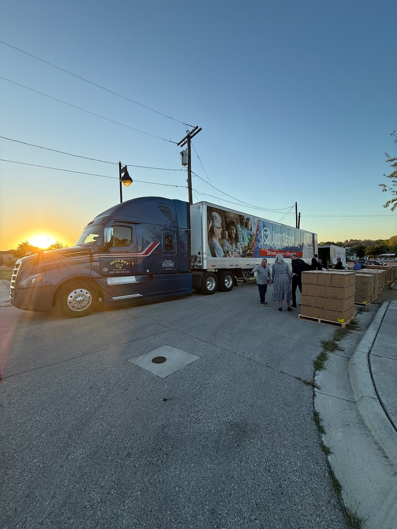 A semitruck delivers food to Midwest Food Bank in Fort Worth, Texas, in October 2026 as part of the Church's effort to honor the nation’s 250th anniversary by delivering 250 truckloads of food and essential supplies to 250 food banks across the country. Midwest Food Bank and four other food pantries in the area will share the goods in this shipment.