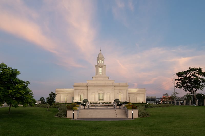 The Managua Nicaragua Temple at dusk.