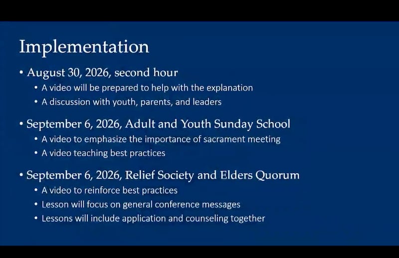 An outline shown during the "Sunday Schedule Refinements Panel Discussion" in the Gospel Library outlines the implementation of the new Sunday changes with videos and discussions on Aug. 30 and Sept. 6, 2026.