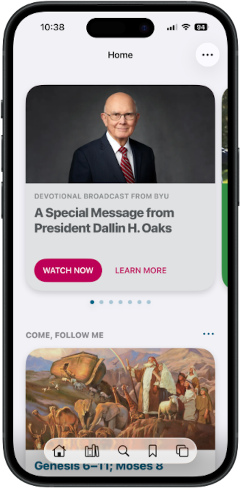 A screenshot of the Gospel Library app shows a message from President Dallin H. Oaks and the "Come, Follow Me" lesson.
