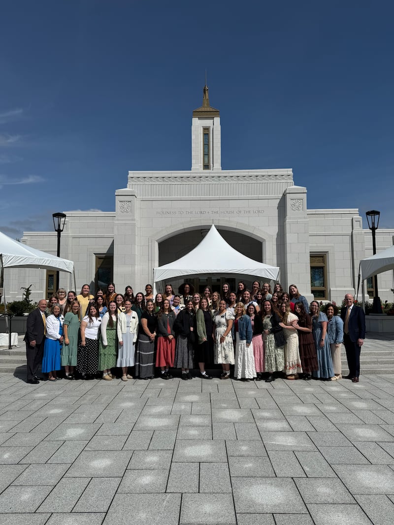 Sister missionaries of the Oregon Eugene Mission stand in front of the Willamette Valley Oregon Temple prior to its public open house, which began April 23, 2026.