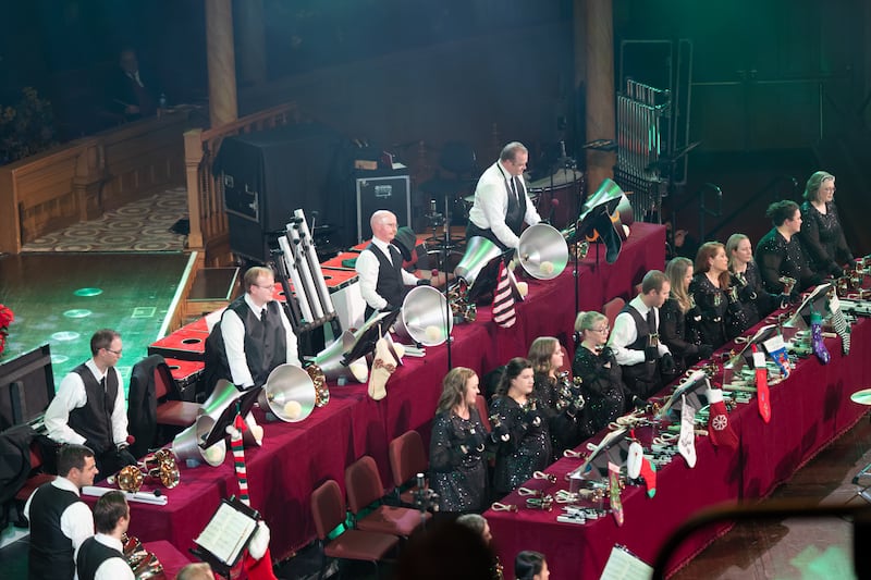 Members of the Bells at Temple Square perform during “Ringing in the Season of Light” holiday concert in the Tabernacle on Temple Square in Salt Lake City on Nov. 21, 2025.