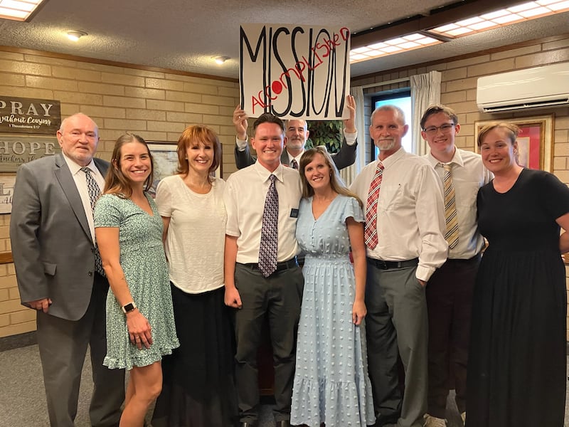 After completing his service mission in Corona and Riverside, California, Elder Tryston O'Toole is surrounded by his family in an August 2023 photo in Corona, California.