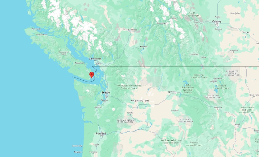 A map of British Columbia, with a pin in Victoria, in the southwest of the province.